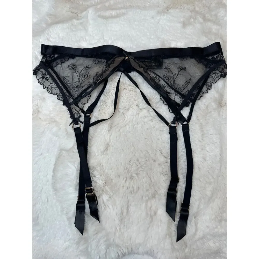 Honey Birdette EMMA🖤 Black Floral Lace 3 Piece Set 36D, L, M Thong